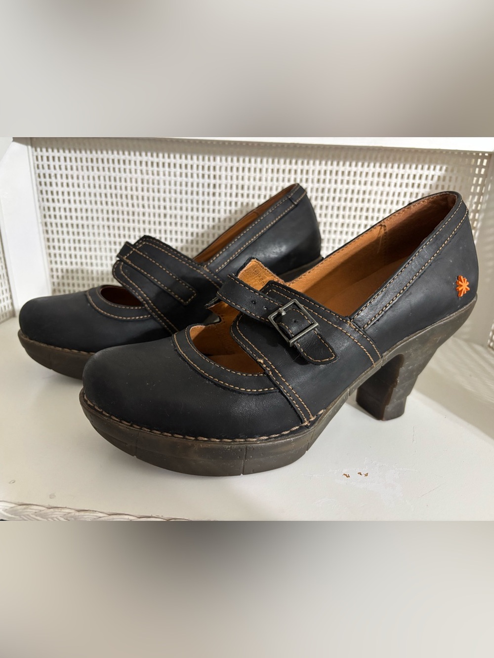 ART Funky Black Leather Buckled Platform Mary Jane w/Tiered Sculpted Rubber Heel